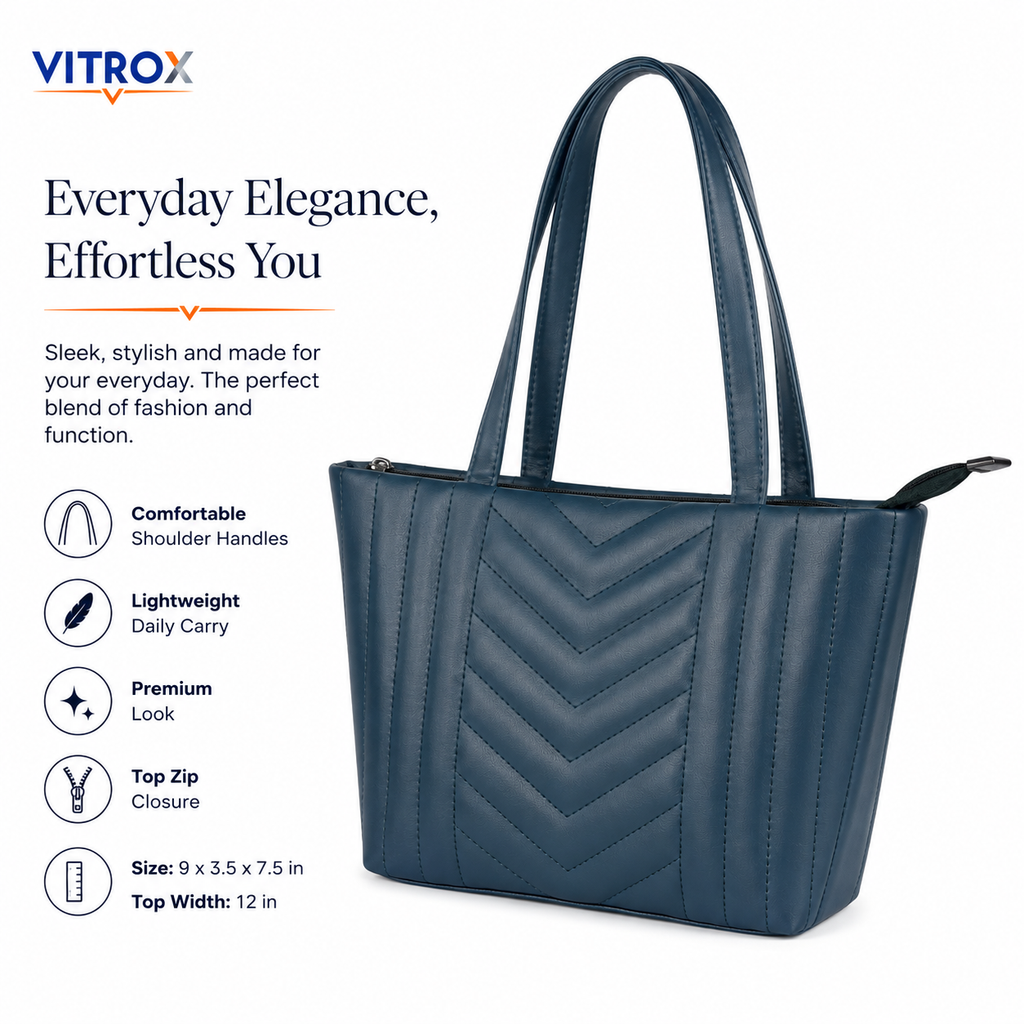 Vitrox Ladies Tote Bag – Dark Teal Blue Quilted Shoulder Handbag with Top Zip Closure