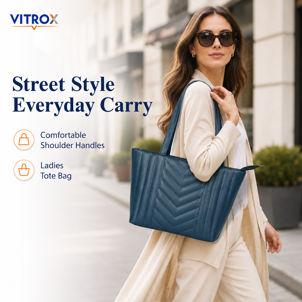 Vitrox Ladies Tote Bag – Dark Teal Blue Quilted Shoulder Handbag with Top Zip Closure