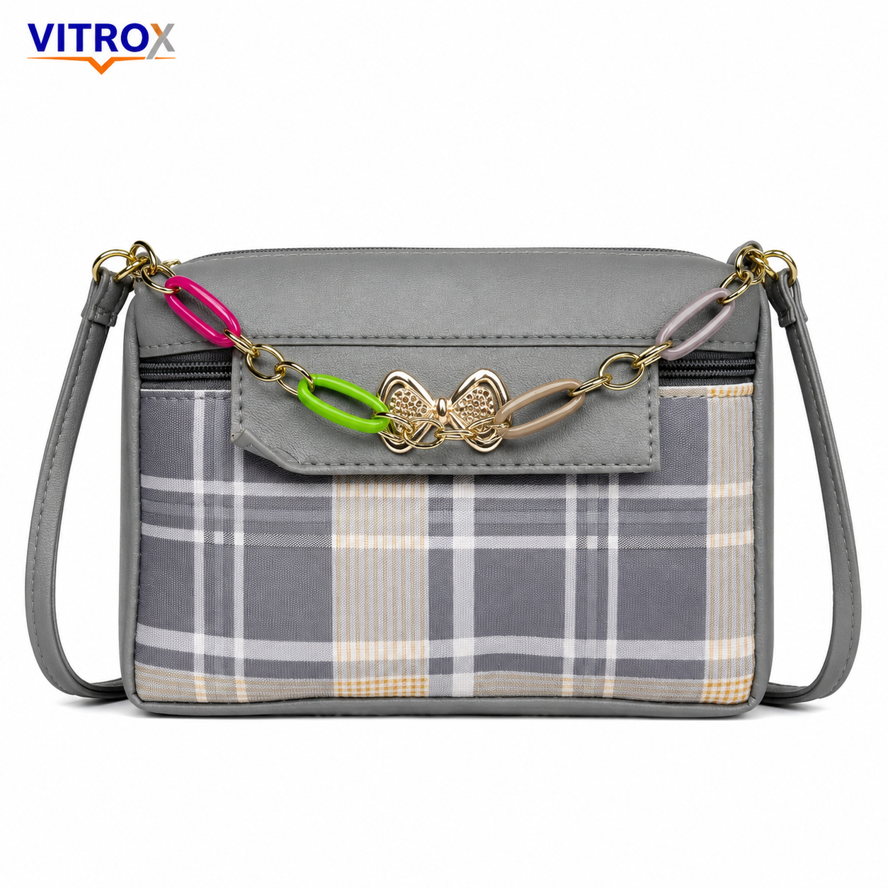 Vitrox Grey Check Ladies Crossbody Bag | Compact Sling Bag with Gold Bow & Colourful Chain Detail