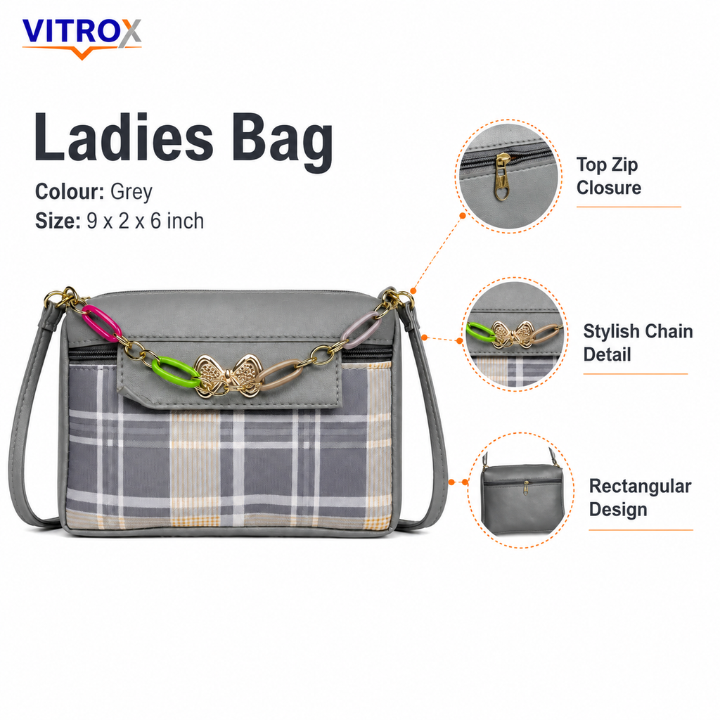 Vitrox Grey Check Ladies Crossbody Bag | Compact Sling Bag with Gold Bow & Colourful Chain Detail