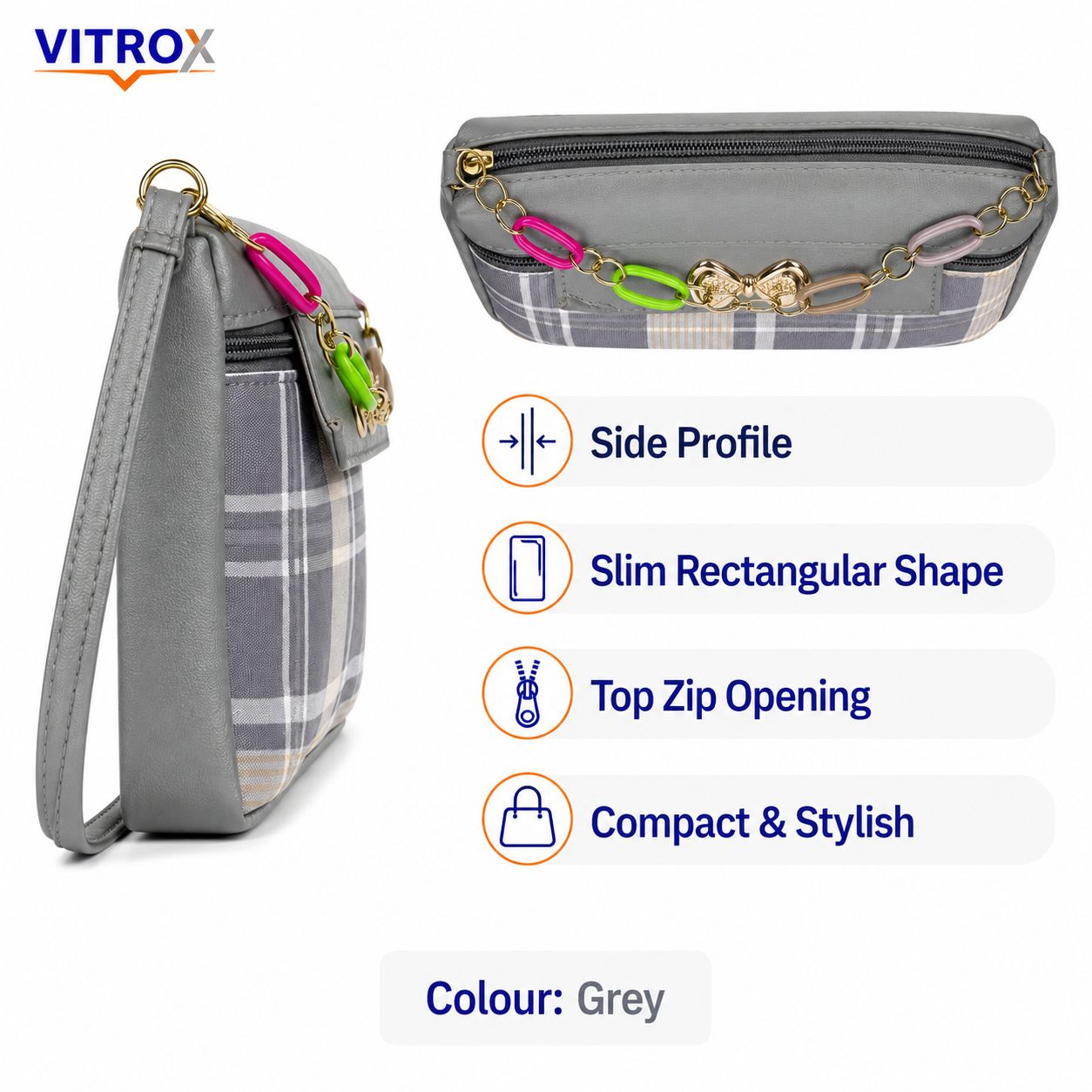 Vitrox Grey Check Ladies Crossbody Bag | Compact Sling Bag with Gold Bow & Colourful Chain Detail