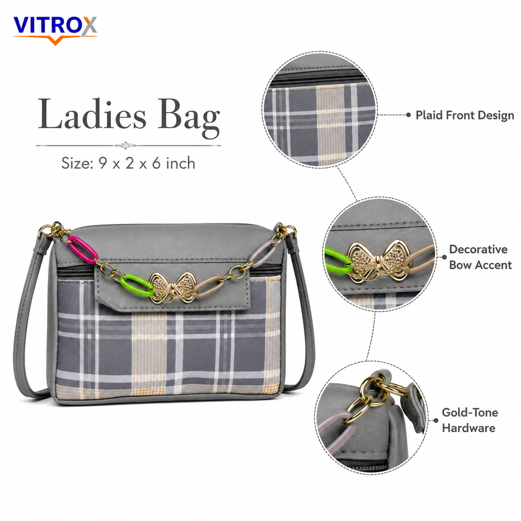 Vitrox Grey Check Ladies Crossbody Bag | Compact Sling Bag with Gold Bow & Colourful Chain Detail