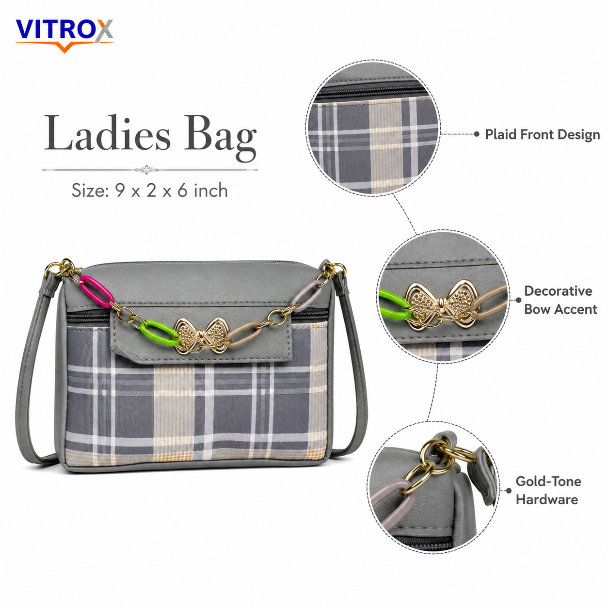 Vitrox Grey Check Ladies Crossbody Bag | Compact Sling Bag with Gold Bow & Colourful Chain Detail