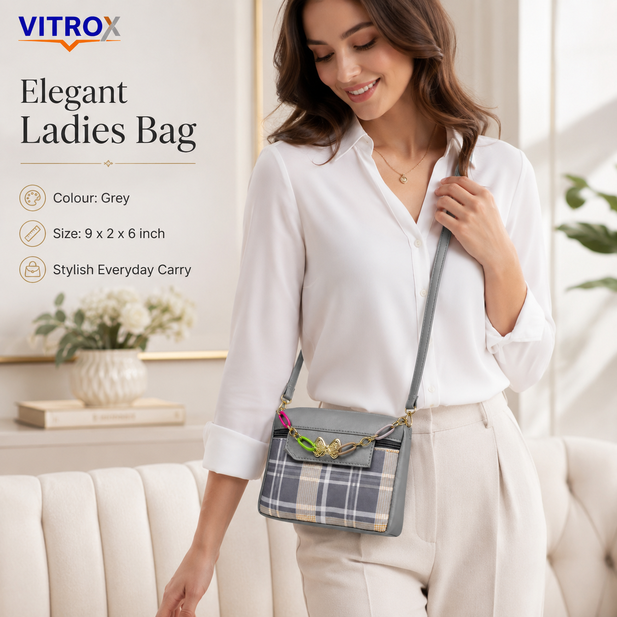 Vitrox Grey Check Ladies Crossbody Bag | Compact Sling Bag with Gold Bow & Colourful Chain Detail