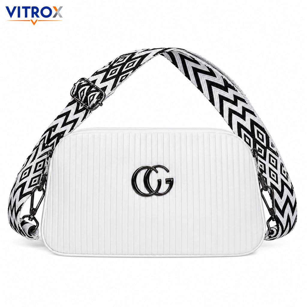 Vitrox White Ribbed Ladies Crossbody Bag with Adjustable Patterned Strap