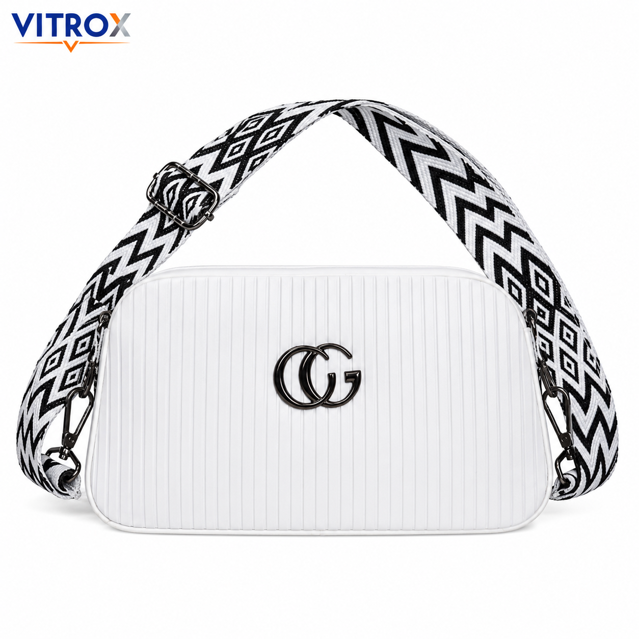 Vitrox White Ribbed Ladies Crossbody Bag with Adjustable Patterned Strap