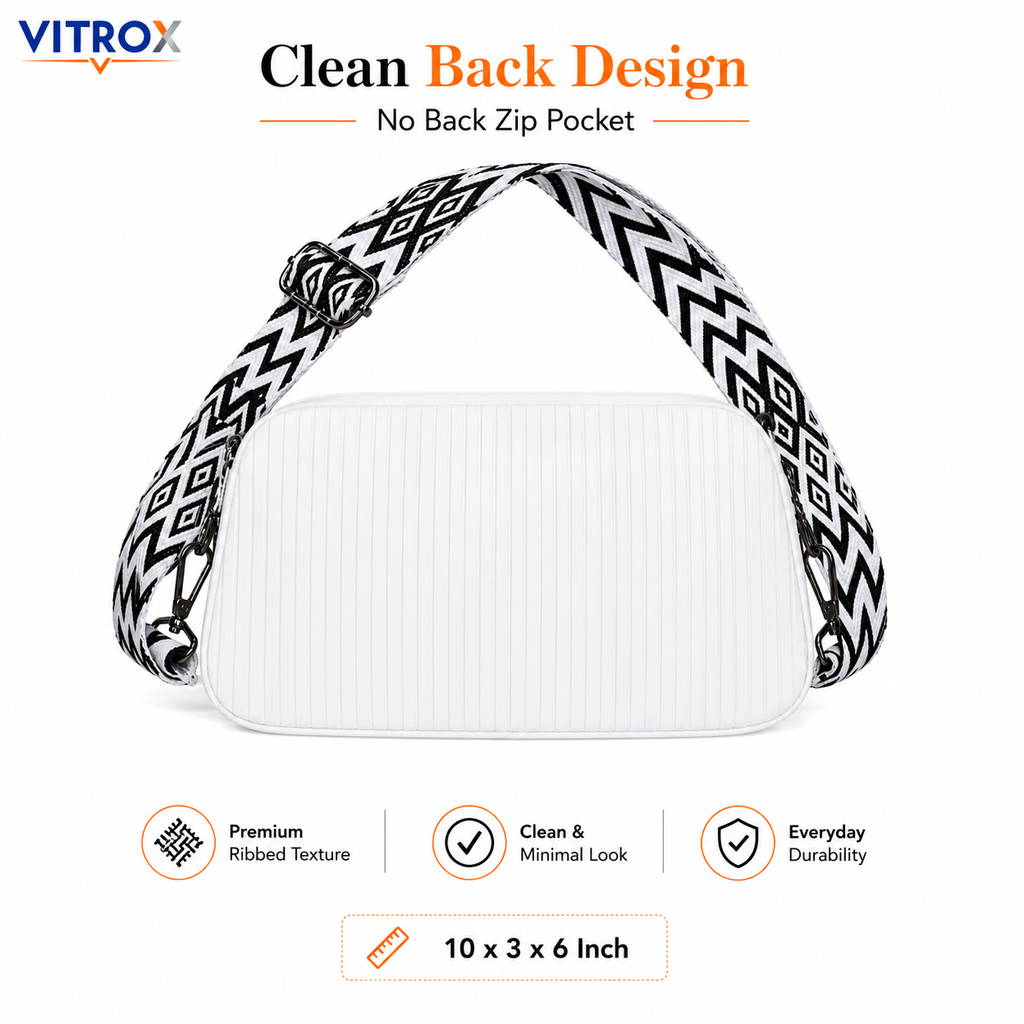 Vitrox White Ribbed Ladies Crossbody Bag with Adjustable Patterned Strap