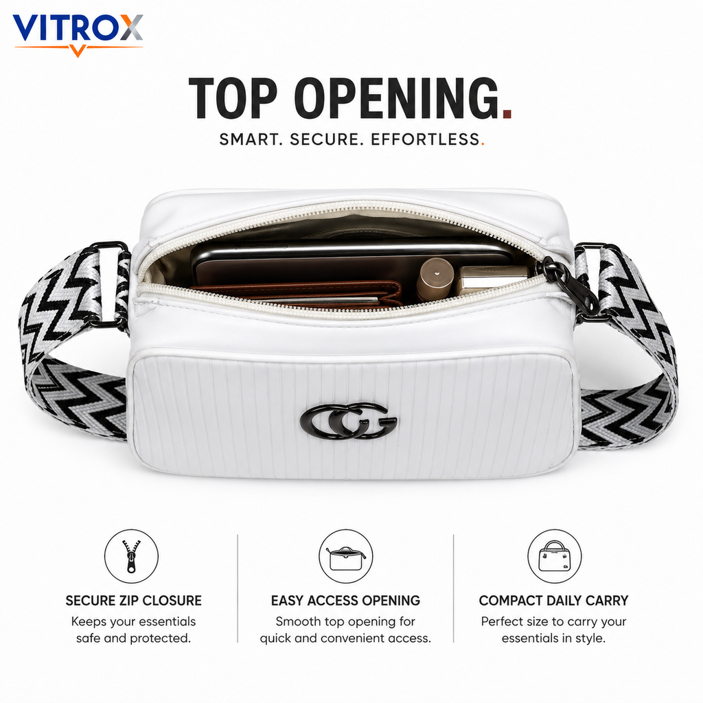 Vitrox White Ribbed Ladies Crossbody Bag with Adjustable Patterned Strap