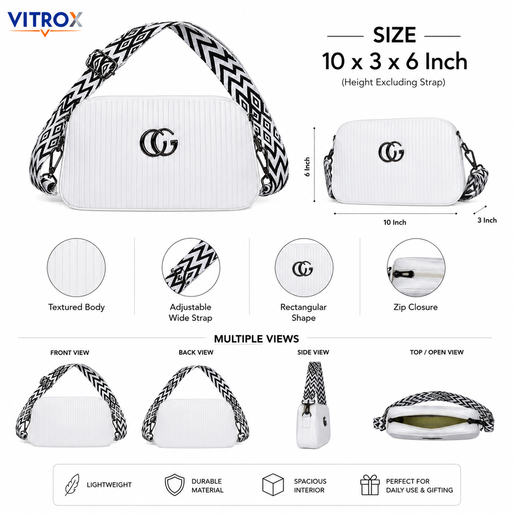 Vitrox White Ribbed Ladies Crossbody Bag with Adjustable Patterned Strap