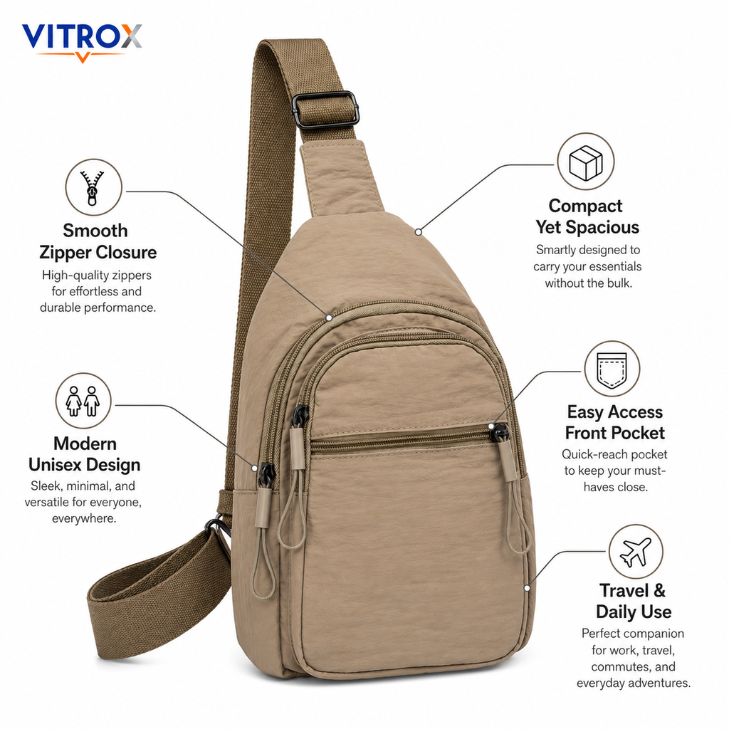 Vitrox Unisex Beige Sling Bag Compact Crossbody Bag with Adjustable Strap