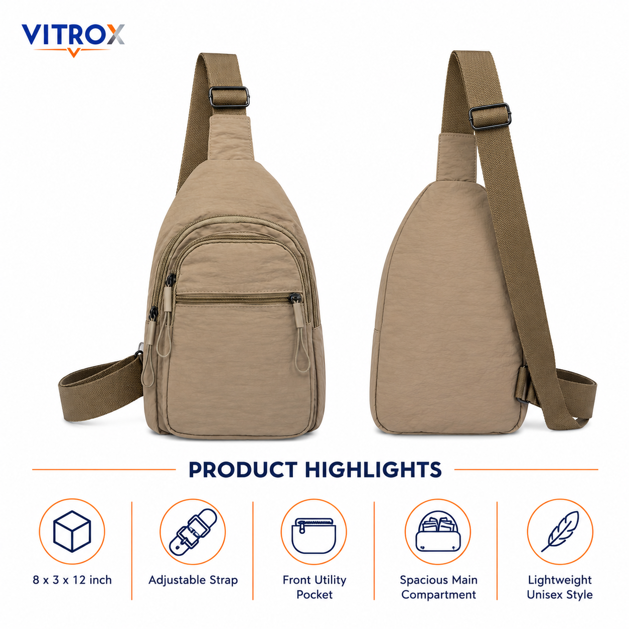 Vitrox Unisex Beige Sling Bag Compact Crossbody Bag with Adjustable Strap