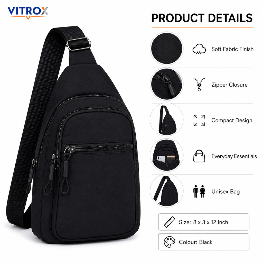 Vitrox Black Unisex Sling Bag – Compact Crossbody Bag with Adjustable Shoulder Strap