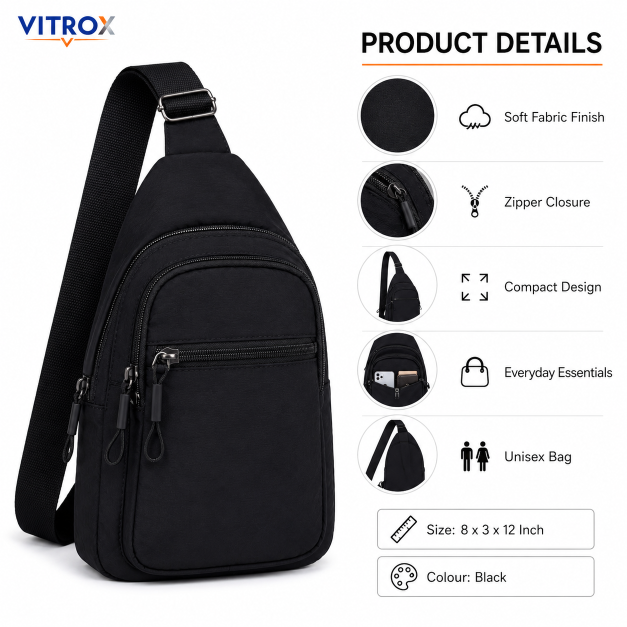 Vitrox Black Unisex Sling Bag – Compact Crossbody Bag with Adjustable Shoulder Strap