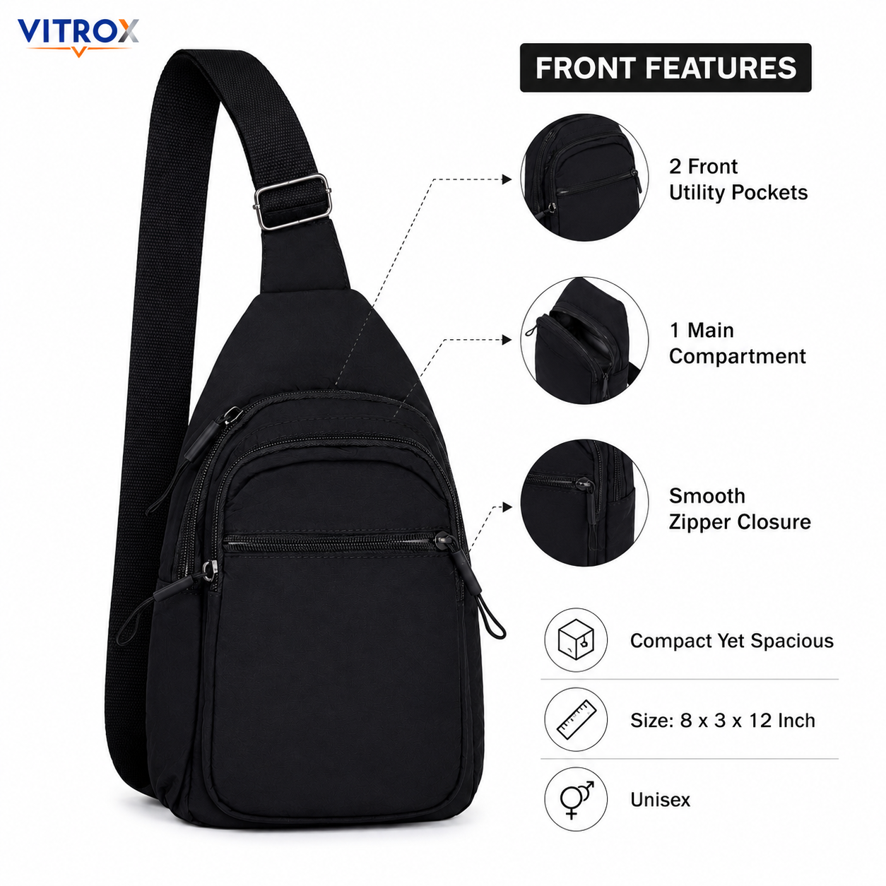 Vitrox Black Unisex Sling Bag – Compact Crossbody Bag with Adjustable Shoulder Strap