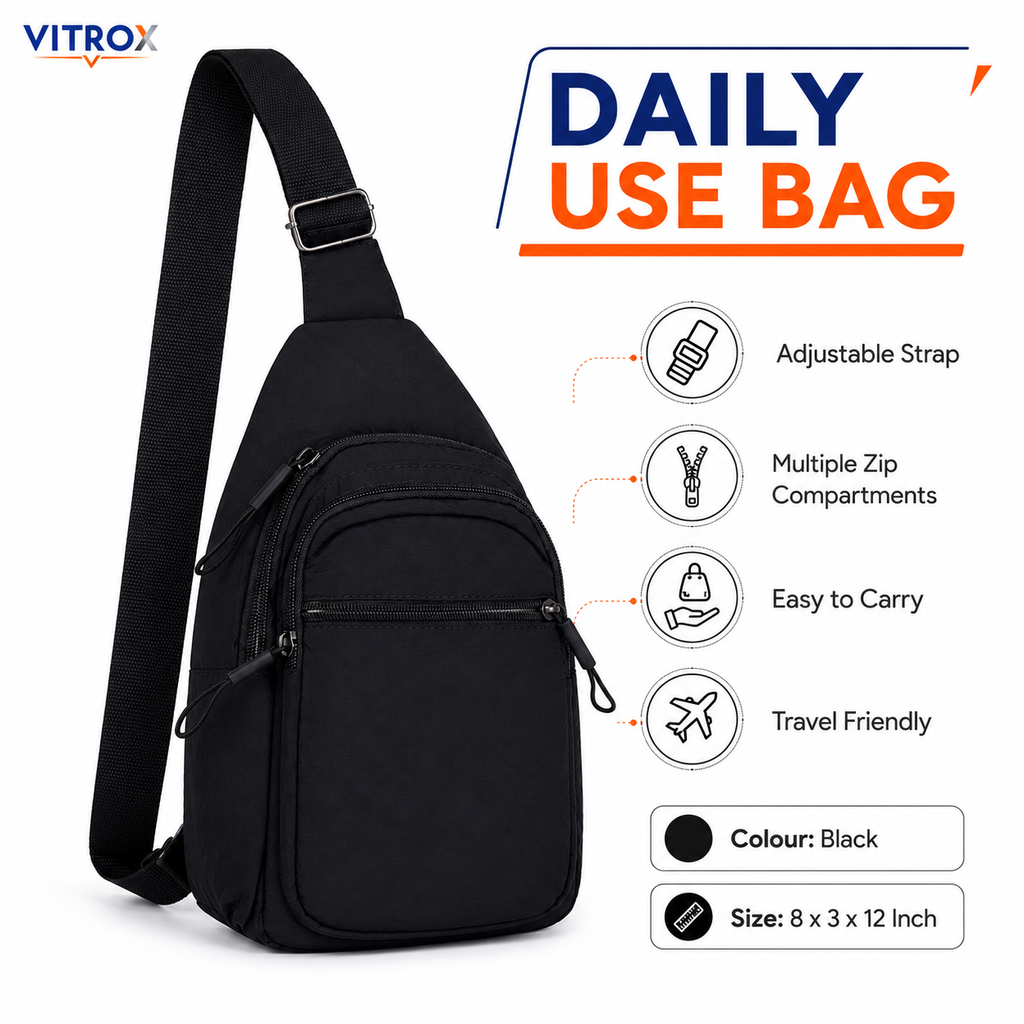 Vitrox Black Unisex Sling Bag – Compact Crossbody Bag with Adjustable Shoulder Strap