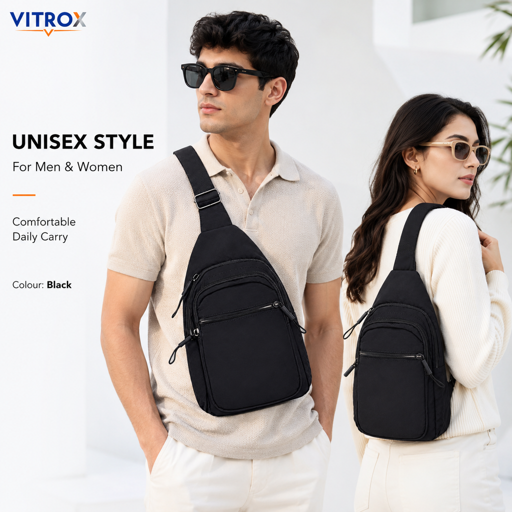 Vitrox Black Unisex Sling Bag – Compact Crossbody Bag with Adjustable Shoulder Strap