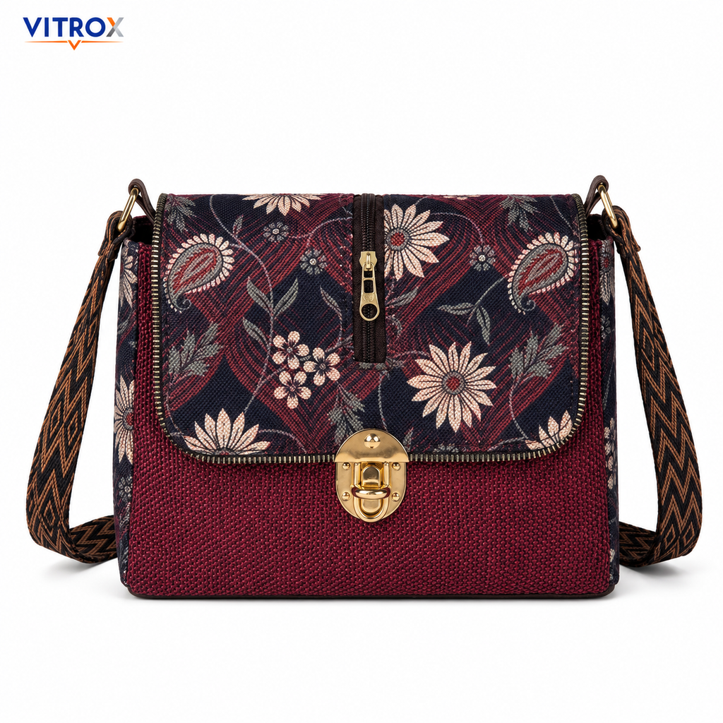 Vitrox Elegant Floral Printed Ladies Shoulder Bag – Maroon & Navy
