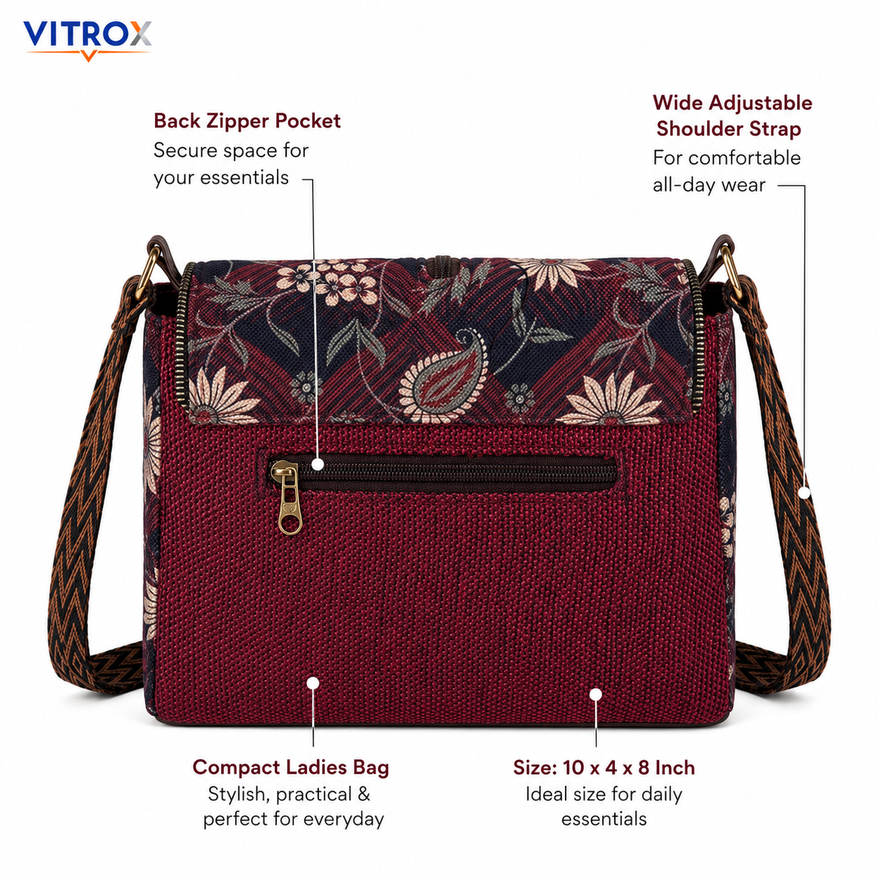 Vitrox Elegant Floral Printed Ladies Shoulder Bag – Maroon & Navy