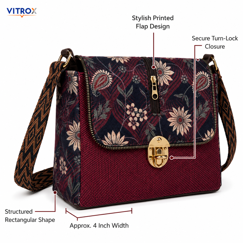Vitrox Elegant Floral Printed Ladies Shoulder Bag – Maroon & Navy