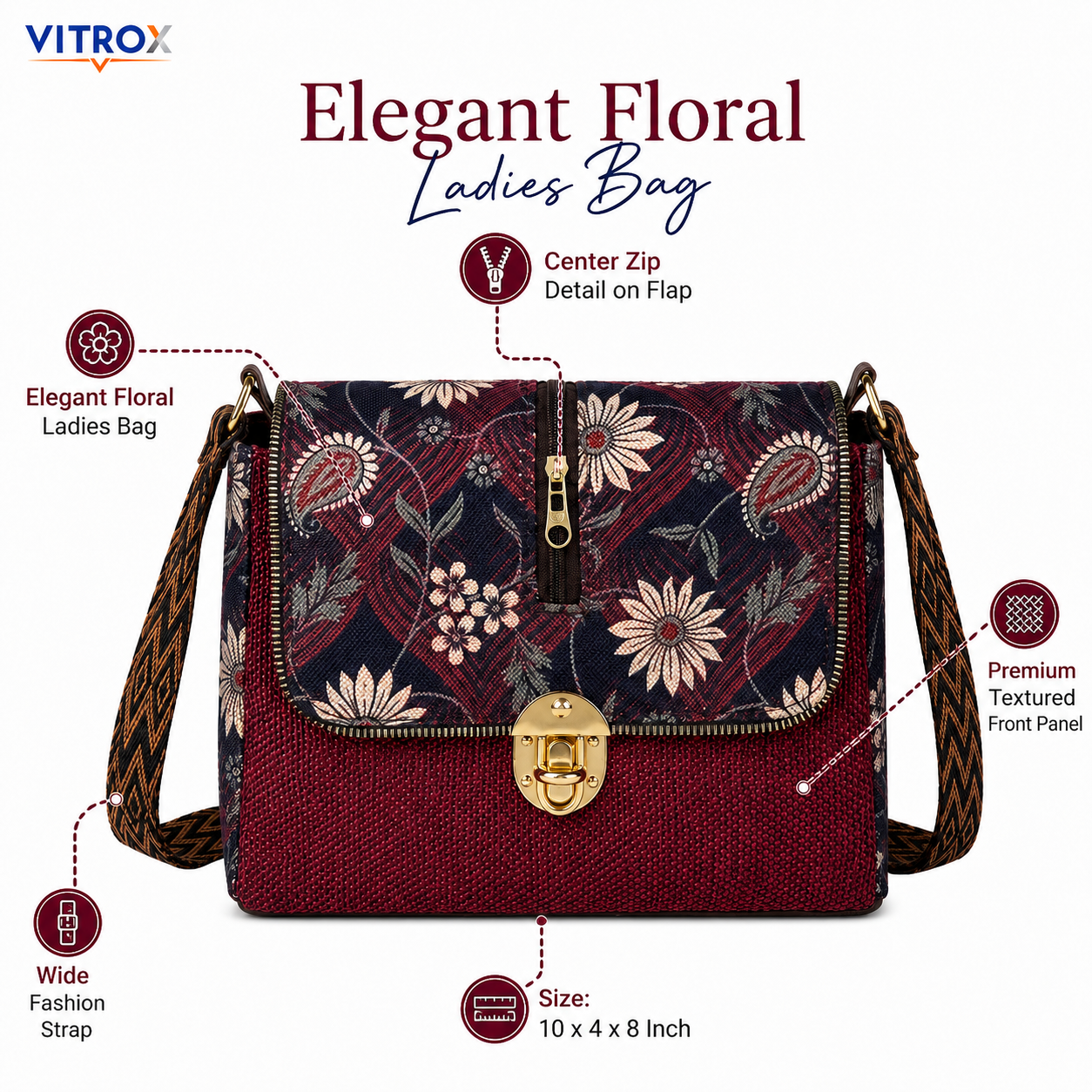 Vitrox Elegant Floral Printed Ladies Shoulder Bag – Maroon & Navy