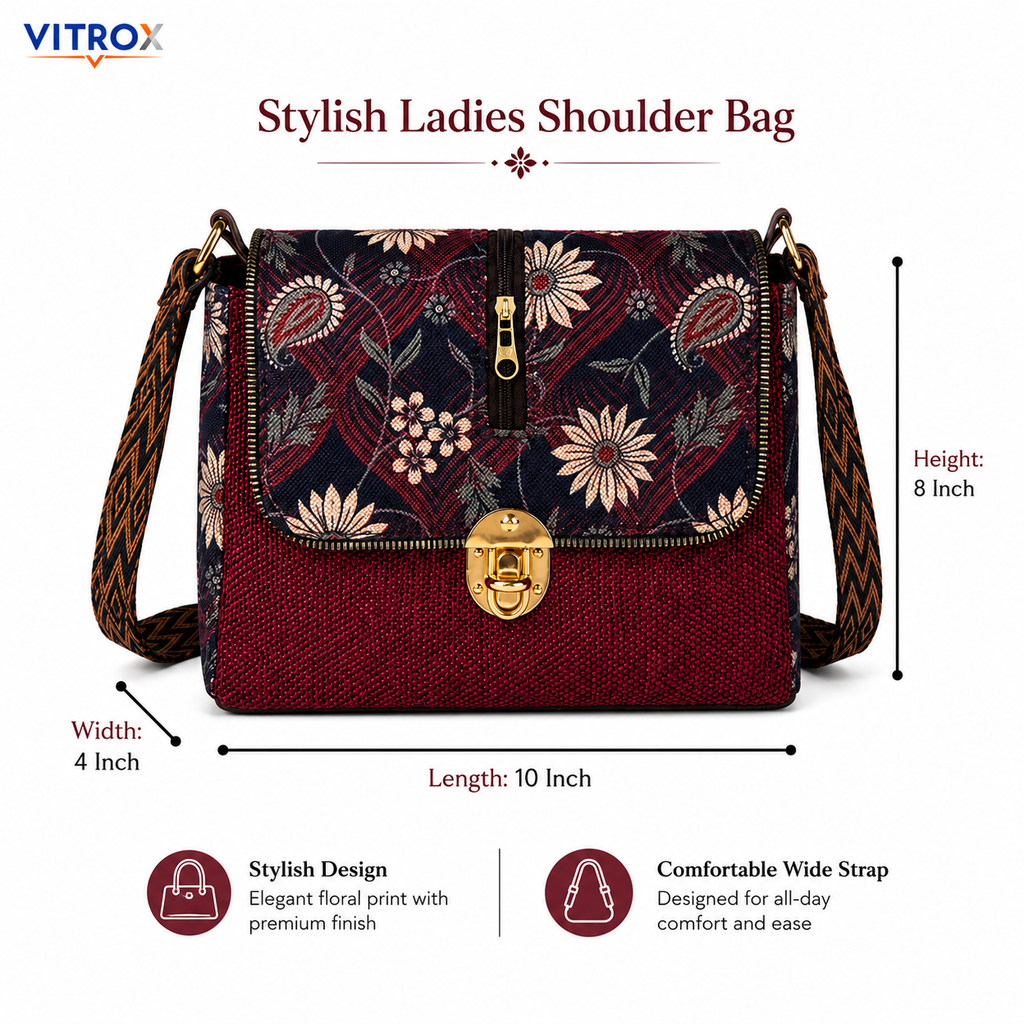 Vitrox Elegant Floral Printed Ladies Shoulder Bag – Maroon & Navy