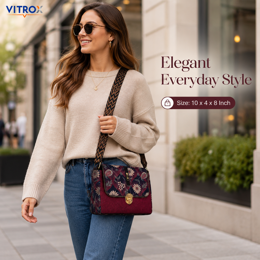 Vitrox Elegant Floral Printed Ladies Shoulder Bag – Maroon & Navy