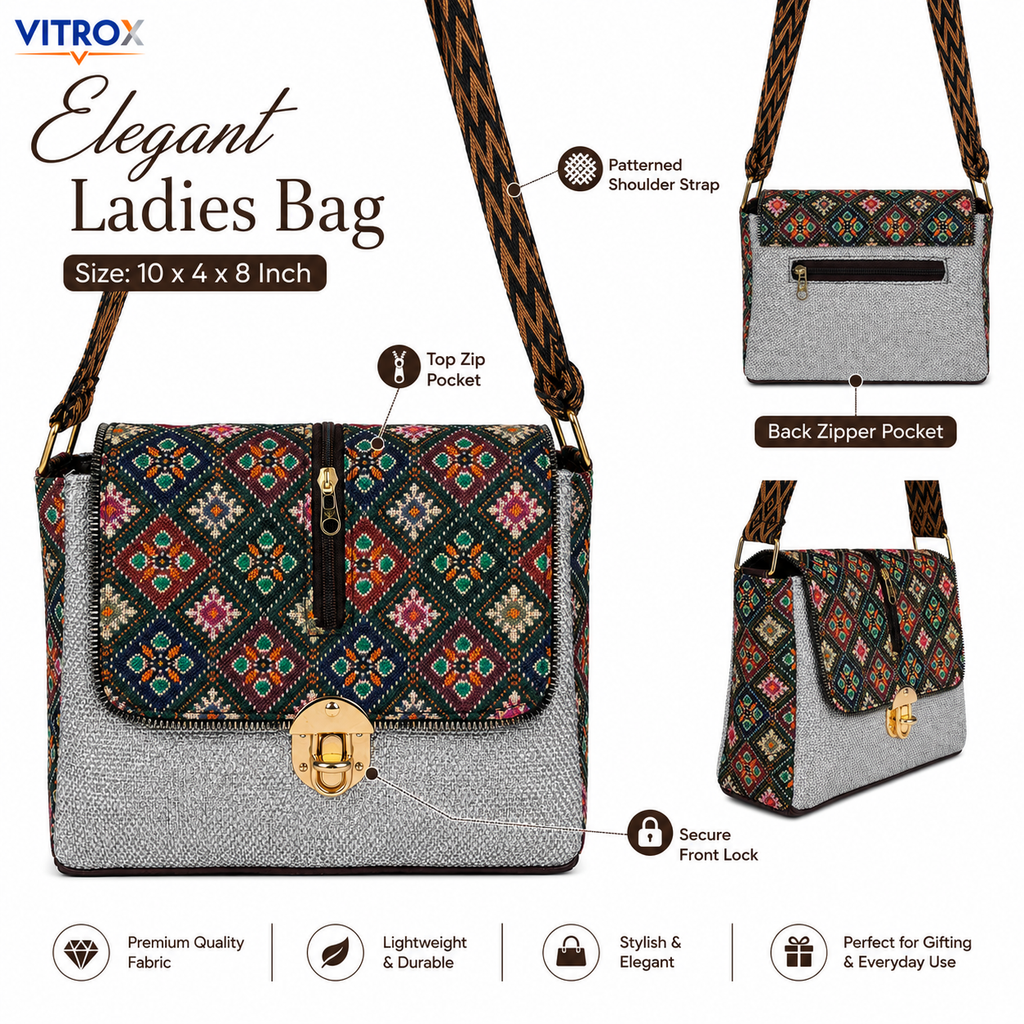 Vitrox Elegant Printed Ladies Shoulder Bag – Multicolour Pattern with Grey Fabric Finish