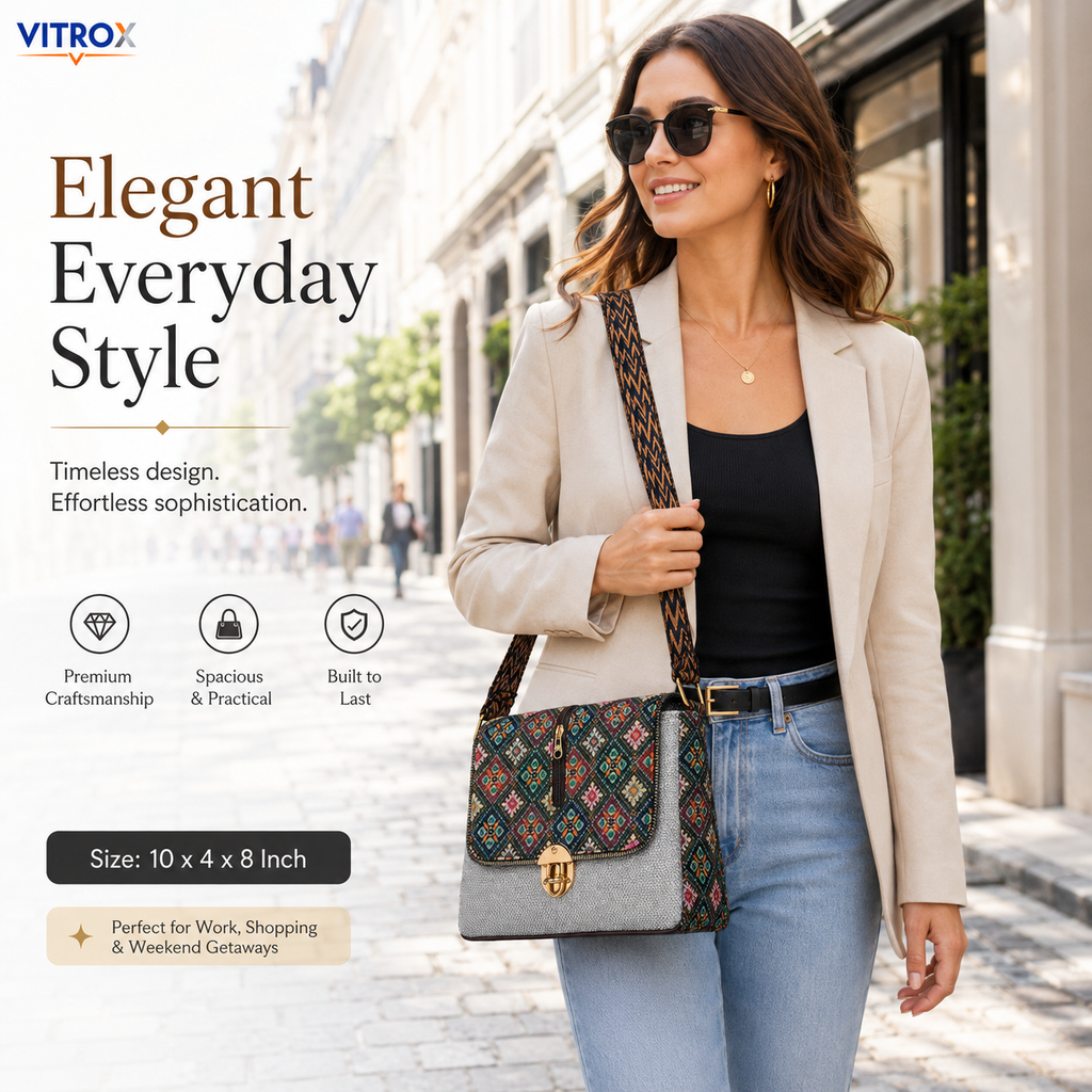 Vitrox Elegant Printed Ladies Shoulder Bag – Multicolour Pattern with Grey Fabric Finish