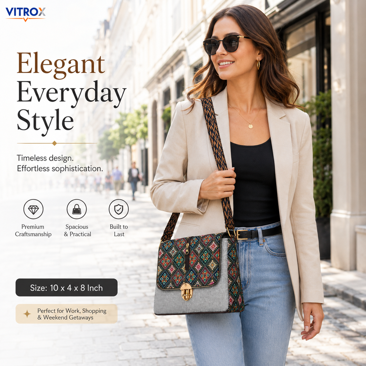 Vitrox Elegant Printed Ladies Shoulder Bag – Multicolour Pattern with Grey Fabric Finish