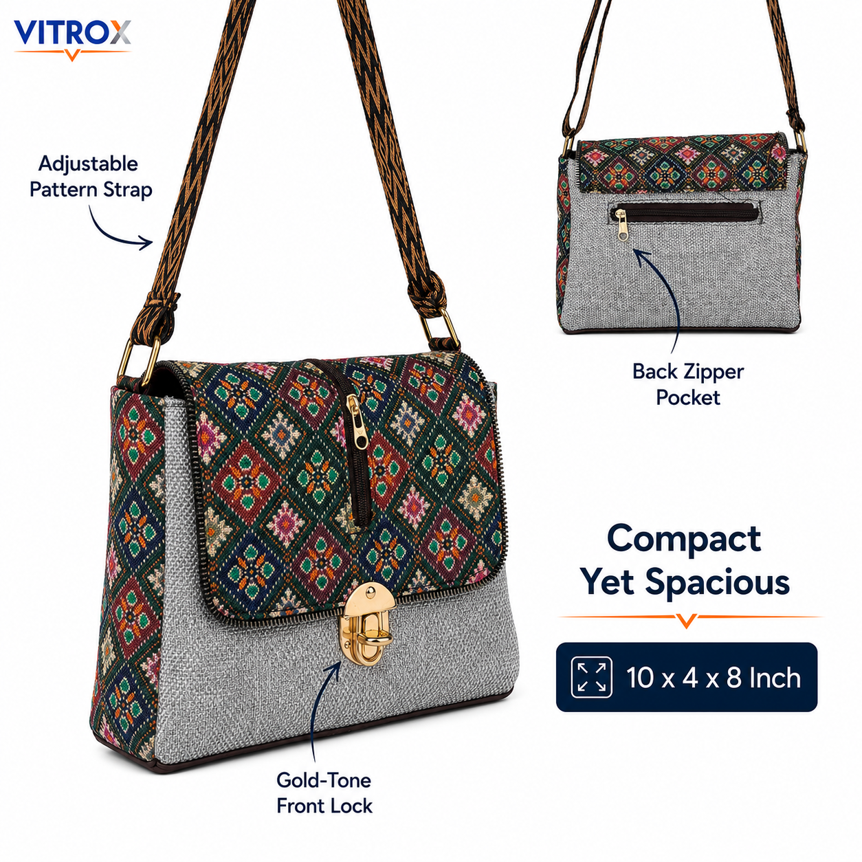 Vitrox Elegant Printed Ladies Shoulder Bag – Multicolour Pattern with Grey Fabric Finish