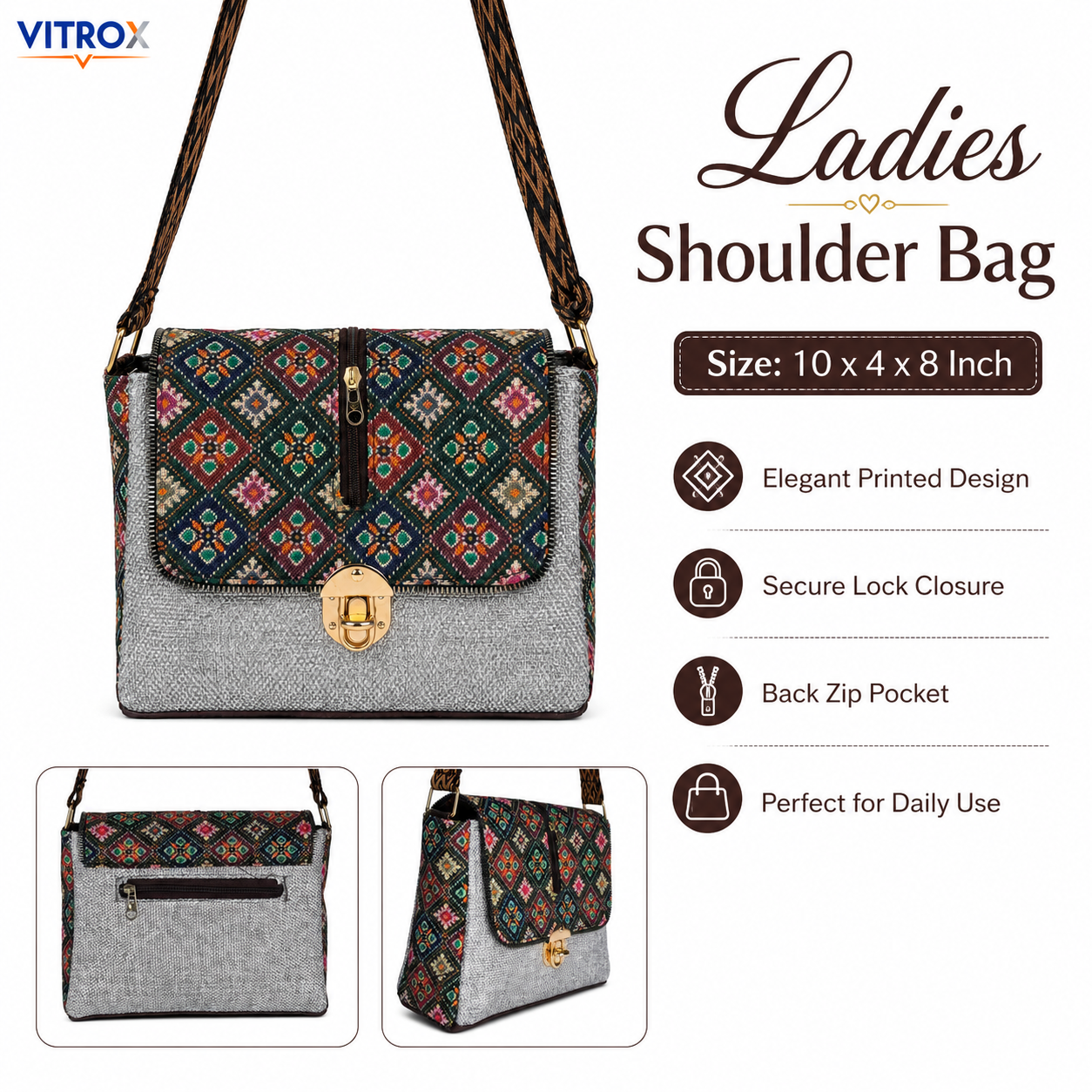 Vitrox Elegant Printed Ladies Shoulder Bag – Multicolour Pattern with Grey Fabric Finish