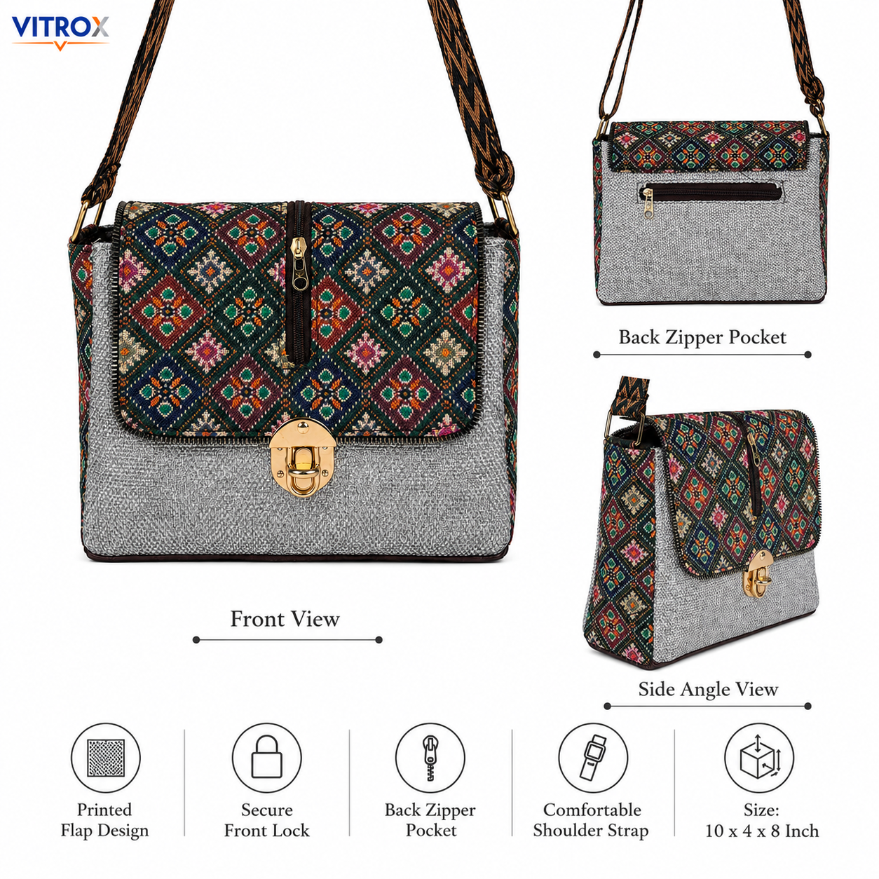 Vitrox Elegant Printed Ladies Shoulder Bag – Multicolour Pattern with Grey Fabric Finish