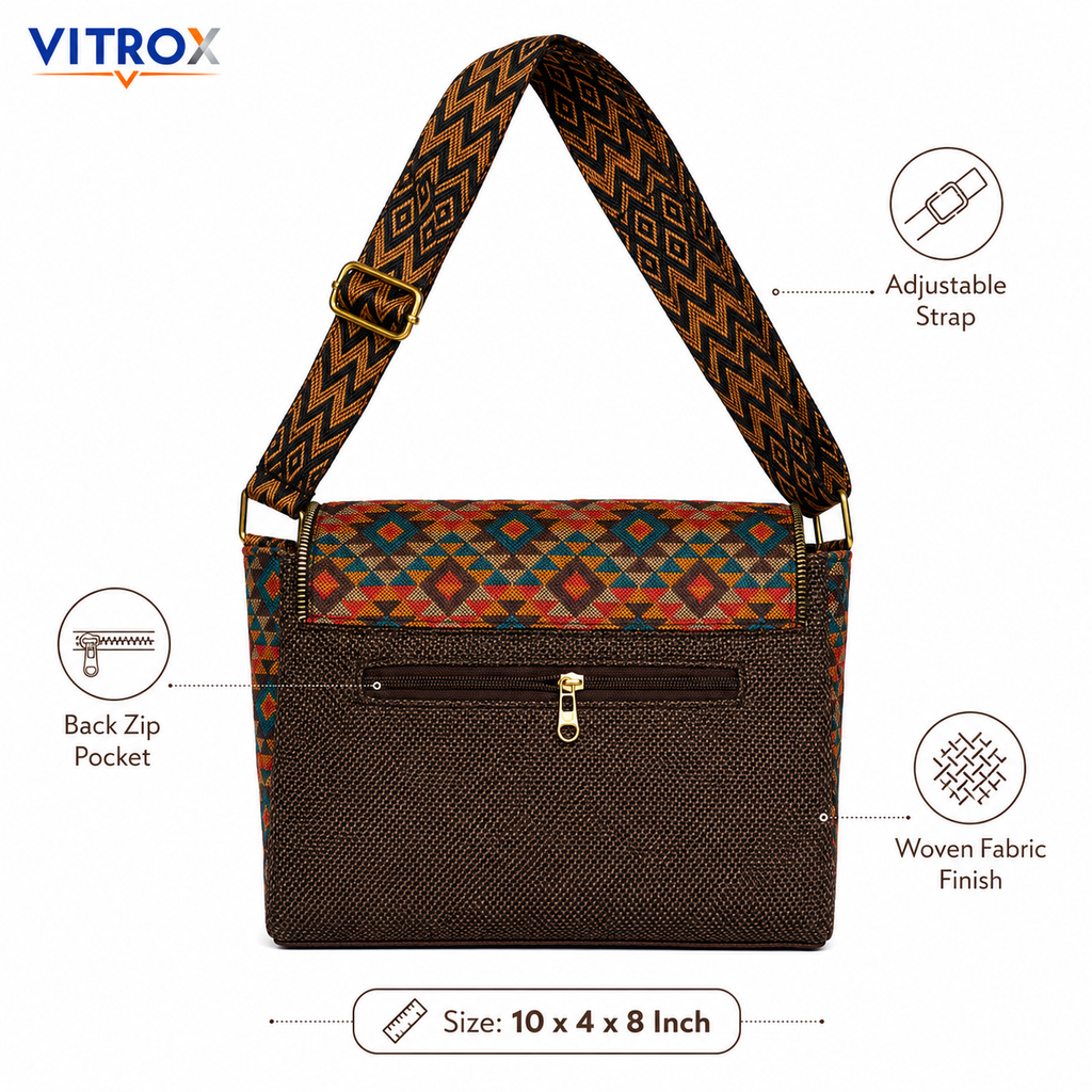 Vitrox Ladies Ethnic Pattern Shoulder Bag – Brown & Multicolor Woven Fabric