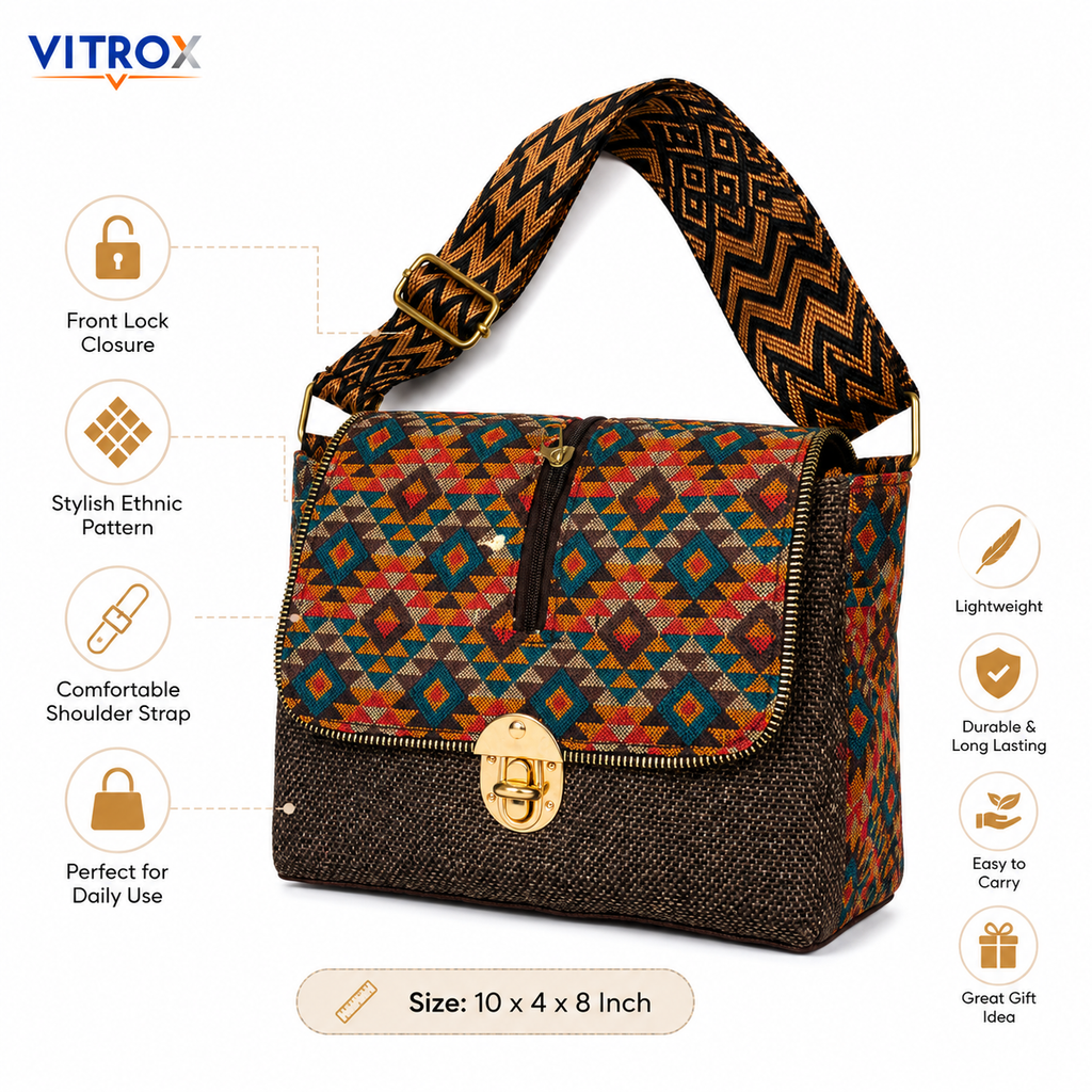Vitrox Ladies Ethnic Pattern Shoulder Bag – Brown & Multicolor Woven Fabric