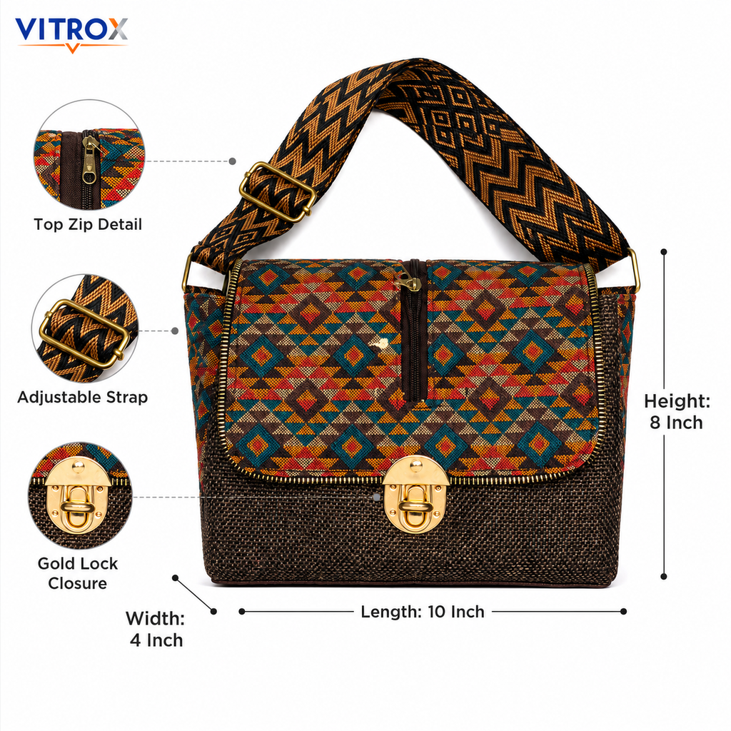 Vitrox Ladies Ethnic Pattern Shoulder Bag – Brown & Multicolor Woven Fabric