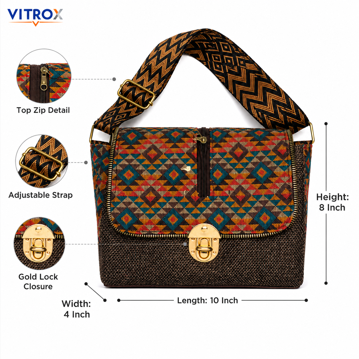 Vitrox Ladies Ethnic Pattern Shoulder Bag – Brown & Multicolor Woven Fabric