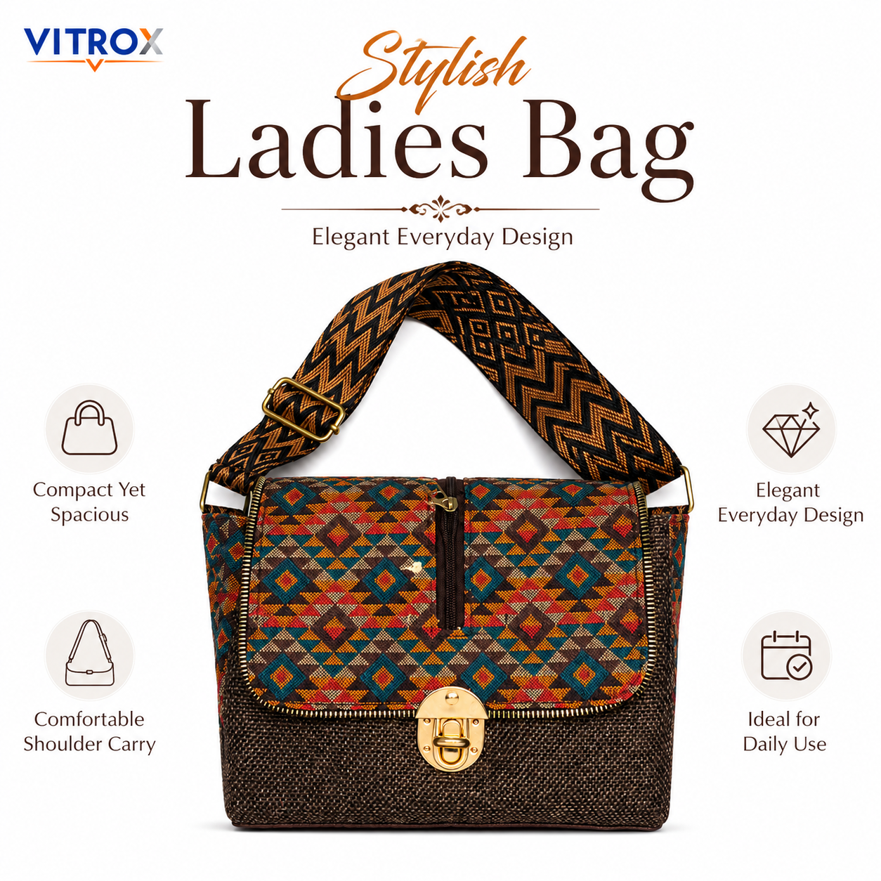 Vitrox Ladies Ethnic Pattern Shoulder Bag – Brown & Multicolor Woven Fabric