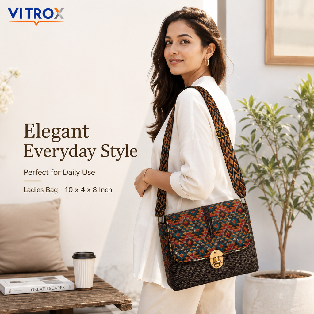 Vitrox Ladies Ethnic Pattern Shoulder Bag – Brown & Multicolor Woven Fabric