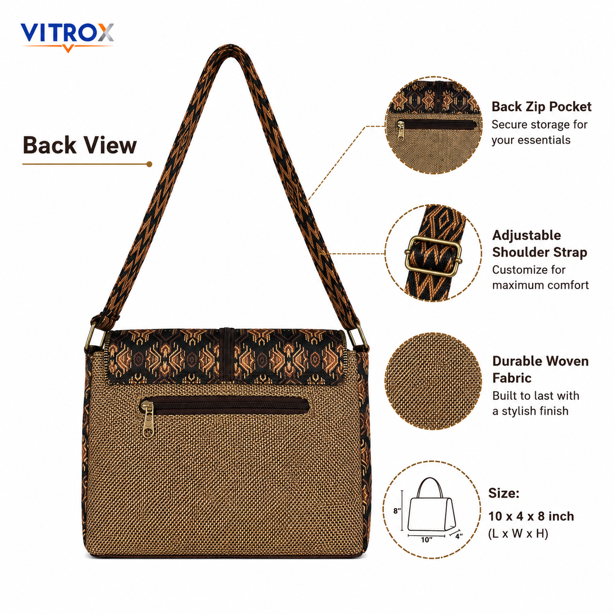 Vitrox Stylish Ladies Shoulder Bag – Brown & Black Geometric Woven Design