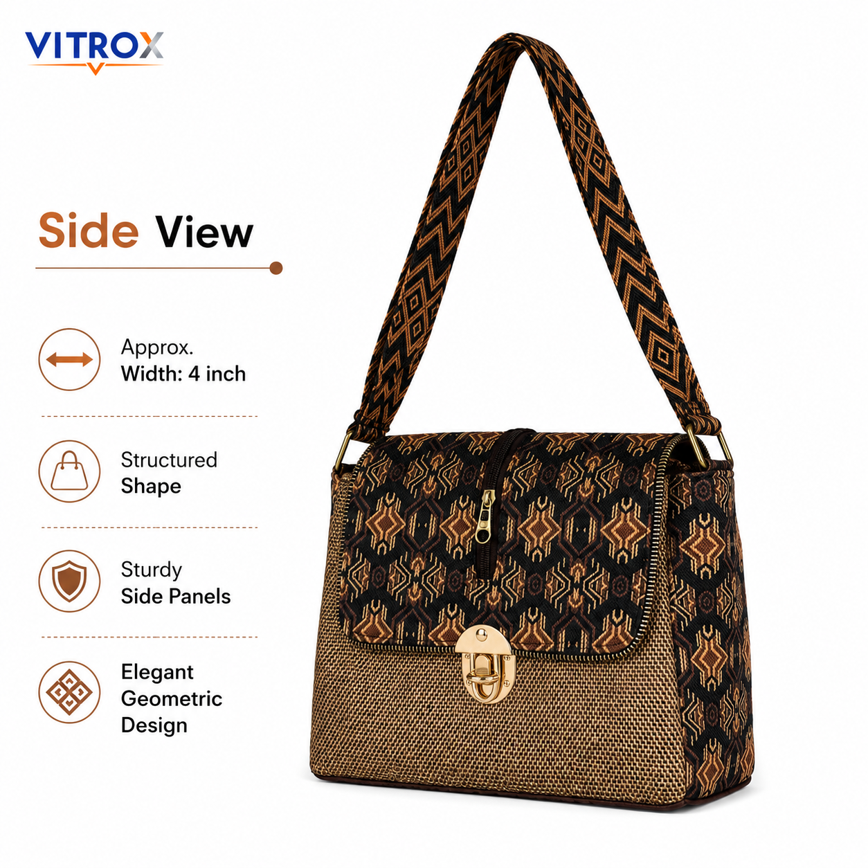 Vitrox Stylish Ladies Shoulder Bag – Brown & Black Geometric Woven Design