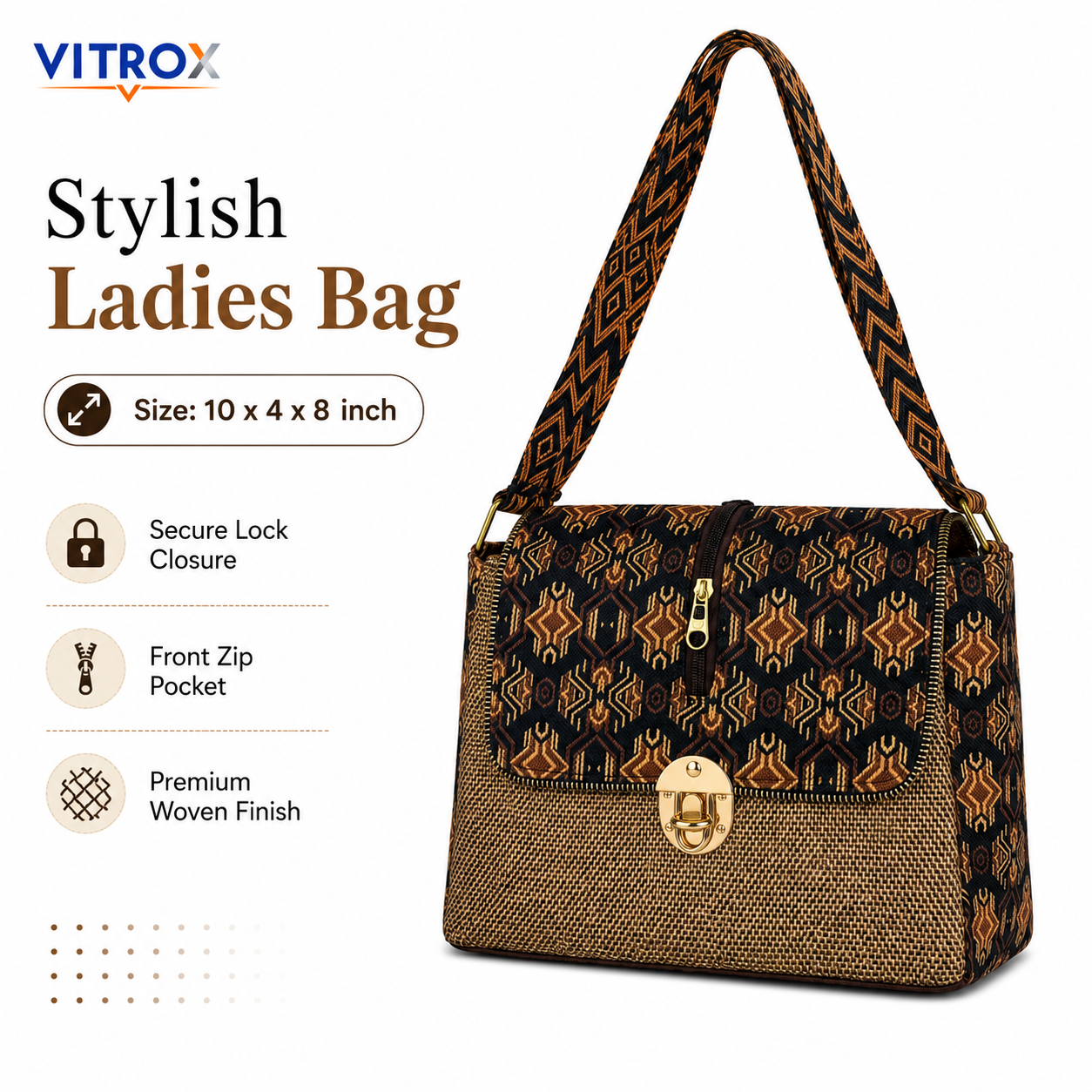 Vitrox Stylish Ladies Shoulder Bag – Brown & Black Geometric Woven Design