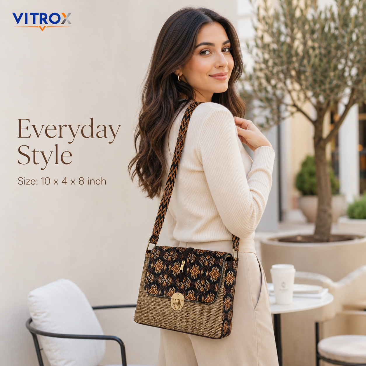 Vitrox Stylish Ladies Shoulder Bag – Brown & Black Geometric Woven Design