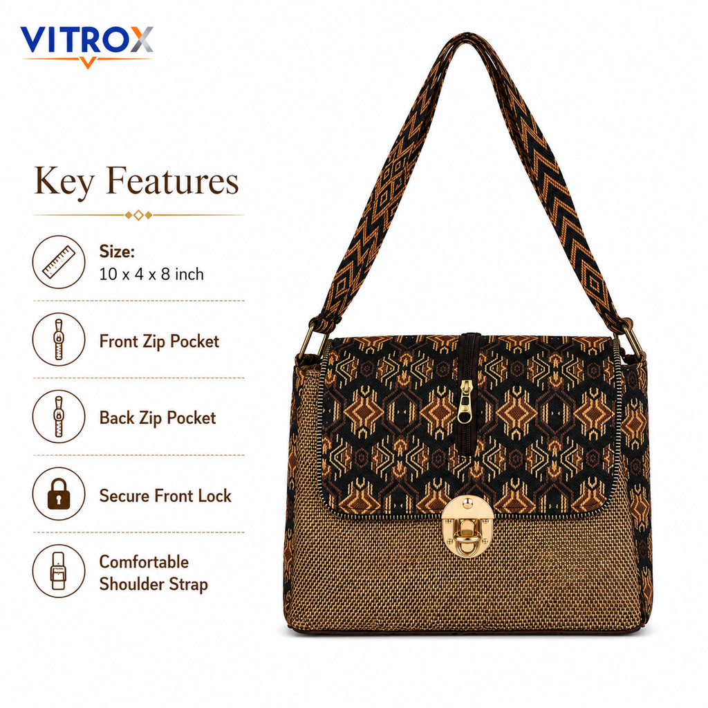 Vitrox Stylish Ladies Shoulder Bag – Brown & Black Geometric Woven Design