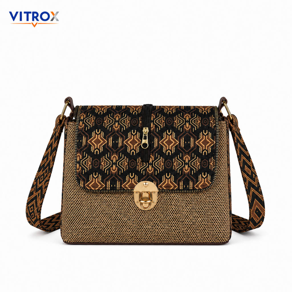 Vitrox Stylish Ladies Shoulder Bag – Brown & Black Geometric Woven Design