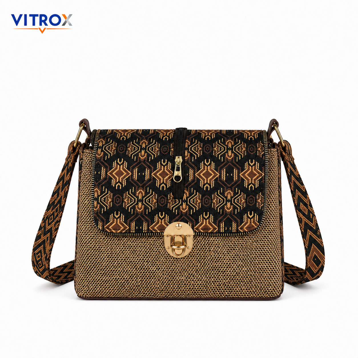 Vitrox Stylish Ladies Shoulder Bag – Brown & Black Geometric Woven Design