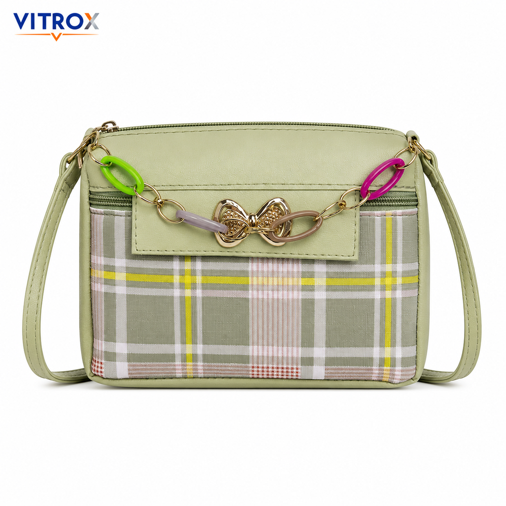Vitrox Sage Green Plaid Ladies Crossbody Bag with Decorative Chain