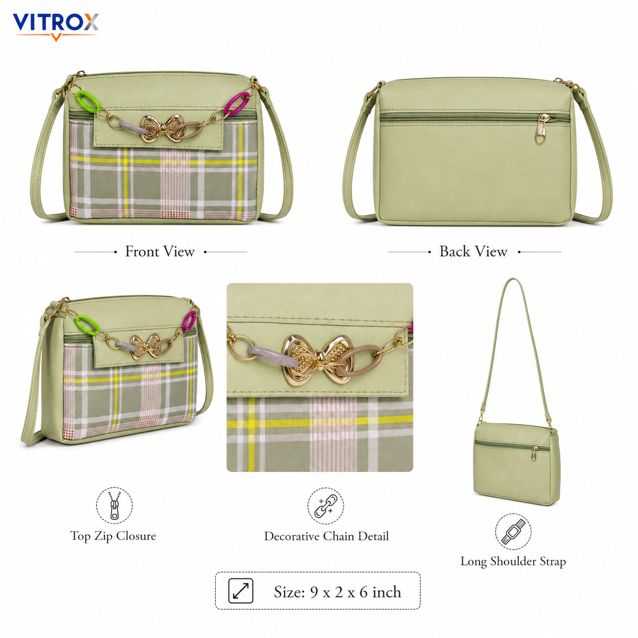 Vitrox Sage Green Plaid Ladies Crossbody Bag with Decorative Chain