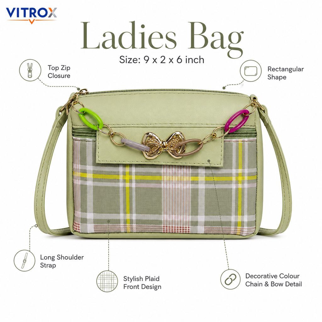 Vitrox Sage Green Plaid Ladies Crossbody Bag with Decorative Chain