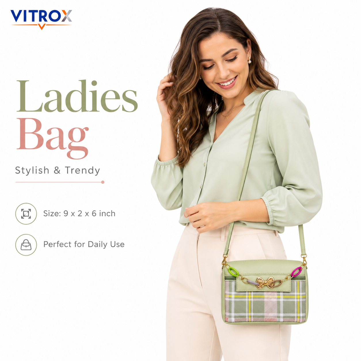Vitrox Sage Green Plaid Ladies Crossbody Bag with Decorative Chain
