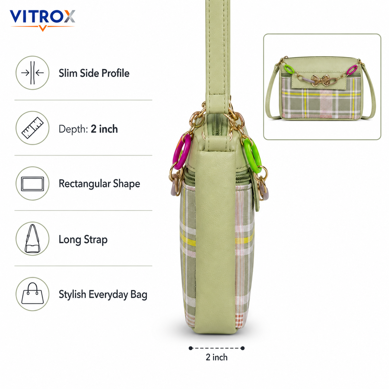Vitrox Sage Green Plaid Ladies Crossbody Bag with Decorative Chain